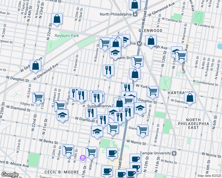 map of restaurants, bars, coffee shops, grocery stores, and more near 1543 West Dauphin Street in Philadelphia