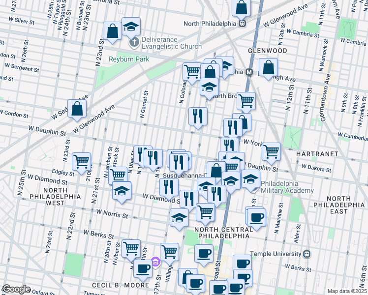 map of restaurants, bars, coffee shops, grocery stores, and more near 1639 West Dauphin Street in Philadelphia