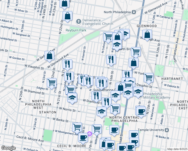 map of restaurants, bars, coffee shops, grocery stores, and more near 2268 North Bouvier Street in Philadelphia