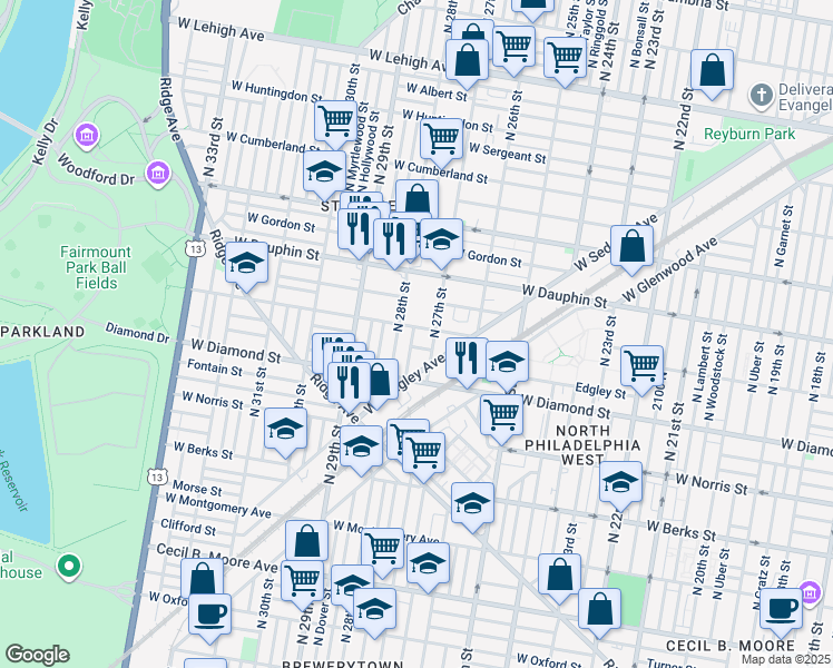 map of restaurants, bars, coffee shops, grocery stores, and more near 2159 North Marston Street in Philadelphia