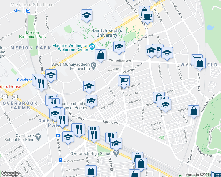 map of restaurants, bars, coffee shops, grocery stores, and more near 5819 Woodcrest Avenue in Philadelphia