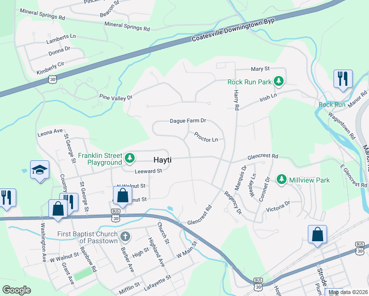 map of restaurants, bars, coffee shops, grocery stores, and more near 745 Franklin Street in Coatesville