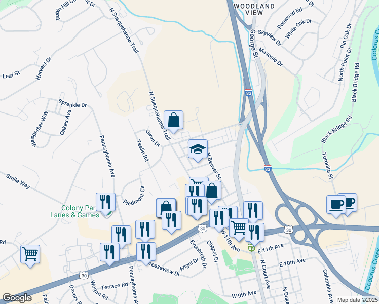 map of restaurants, bars, coffee shops, grocery stores, and more near 159 Woodland Avenue in York