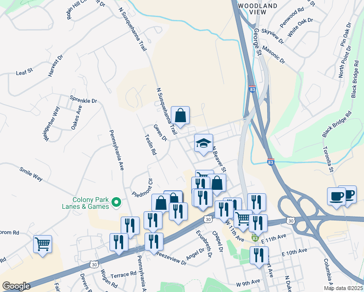 map of restaurants, bars, coffee shops, grocery stores, and more near 2000 North Susquehanna Trail in York