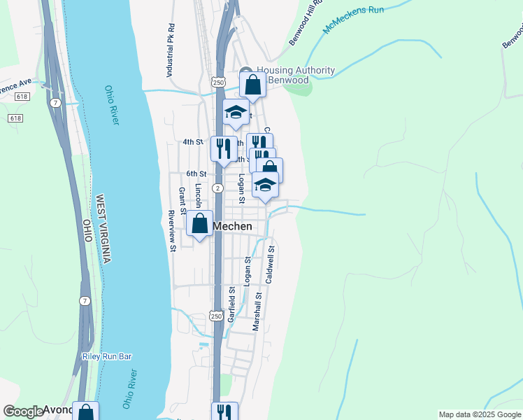map of restaurants, bars, coffee shops, grocery stores, and more near 2-54 E 9th St in McMechen