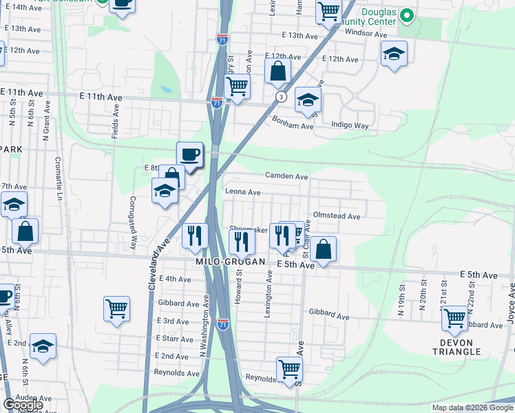 map of restaurants, bars, coffee shops, grocery stores, and more near 1161 Walters Street in Columbus