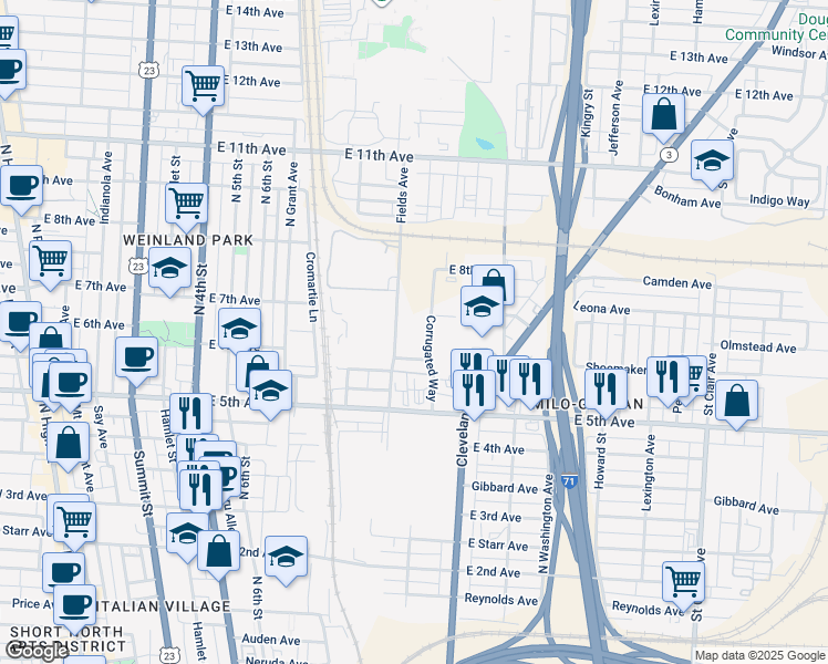 map of restaurants, bars, coffee shops, grocery stores, and more near 1159-1233 Corrugated Way in Columbus