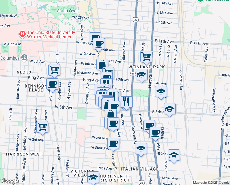 map of restaurants, bars, coffee shops, grocery stores, and more near 1265 Indianola Avenue in Columbus