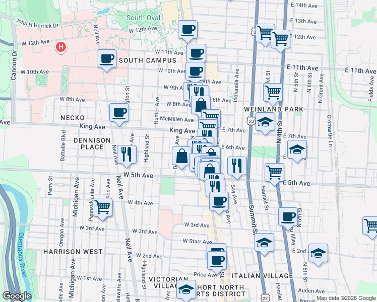 map of restaurants, bars, coffee shops, grocery stores, and more near 46 Smith Place in Columbus
