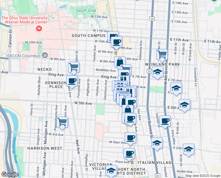 map of restaurants, bars, coffee shops, grocery stores, and more near 46 Smith Place in Columbus