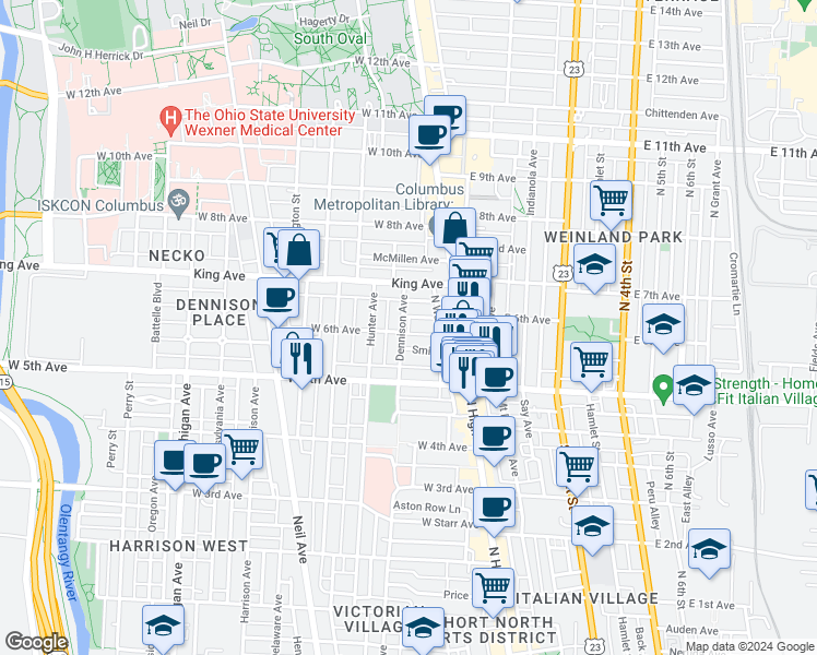 map of restaurants, bars, coffee shops, grocery stores, and more near 1293 Dennison Avenue in Columbus