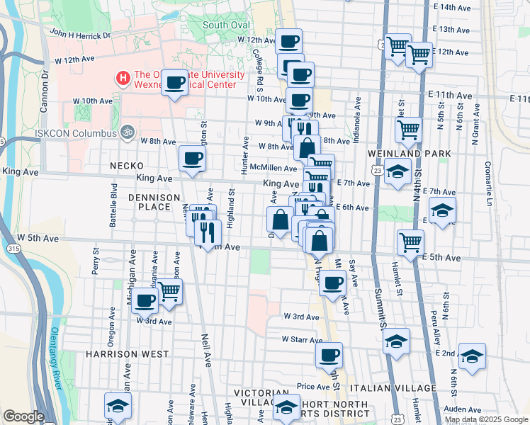 map of restaurants, bars, coffee shops, grocery stores, and more near 1293 Dennison Avenue in Columbus