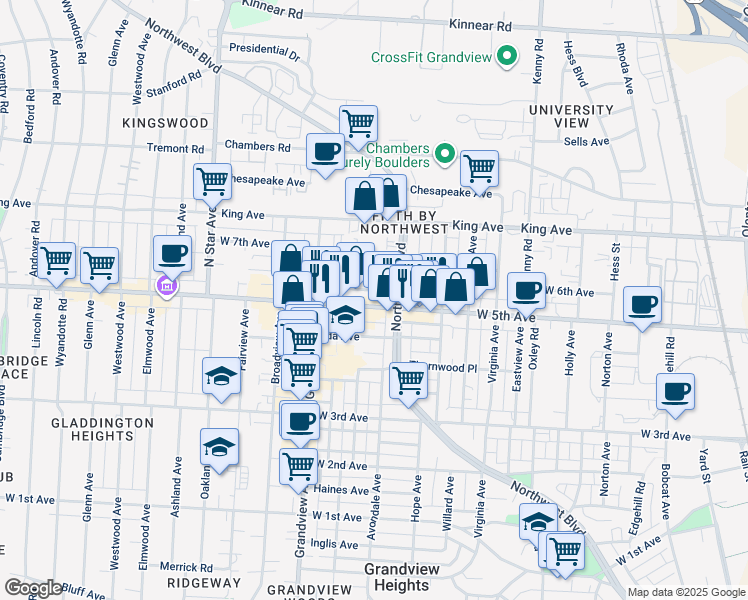 map of restaurants, bars, coffee shops, grocery stores, and more near 1319 West 5th Avenue in Columbus