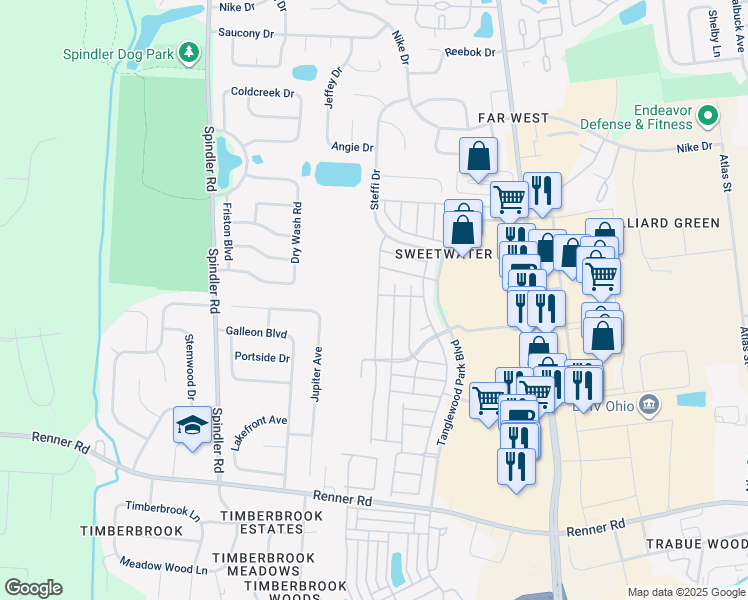 map of restaurants, bars, coffee shops, grocery stores, and more near 1853 Ridgebury Drive in Columbus