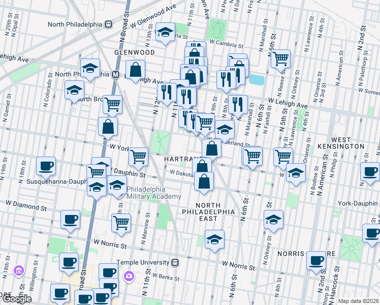 map of restaurants, bars, coffee shops, grocery stores, and more near 2417 North 10th Street in Philadelphia