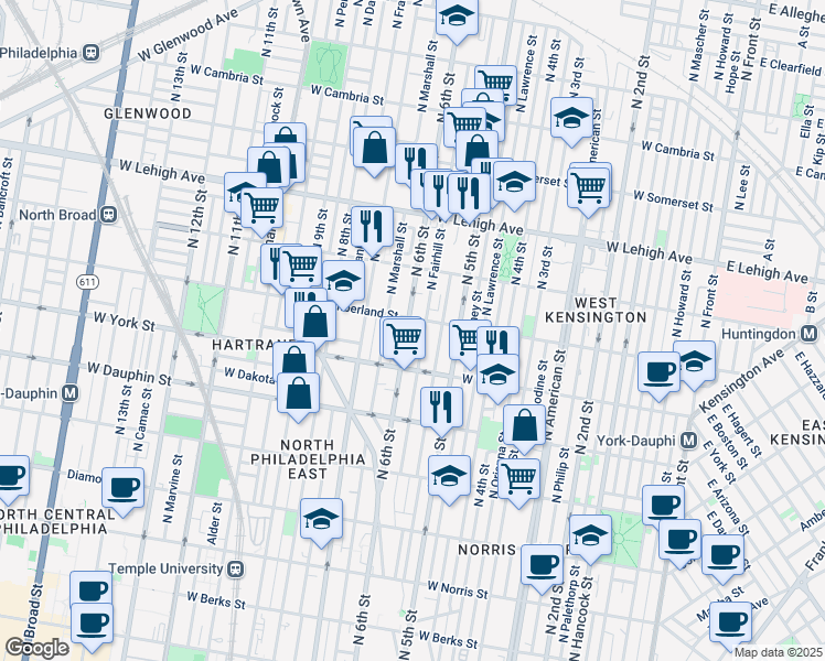 map of restaurants, bars, coffee shops, grocery stores, and more near 2447 North 6th Street in Philadelphia