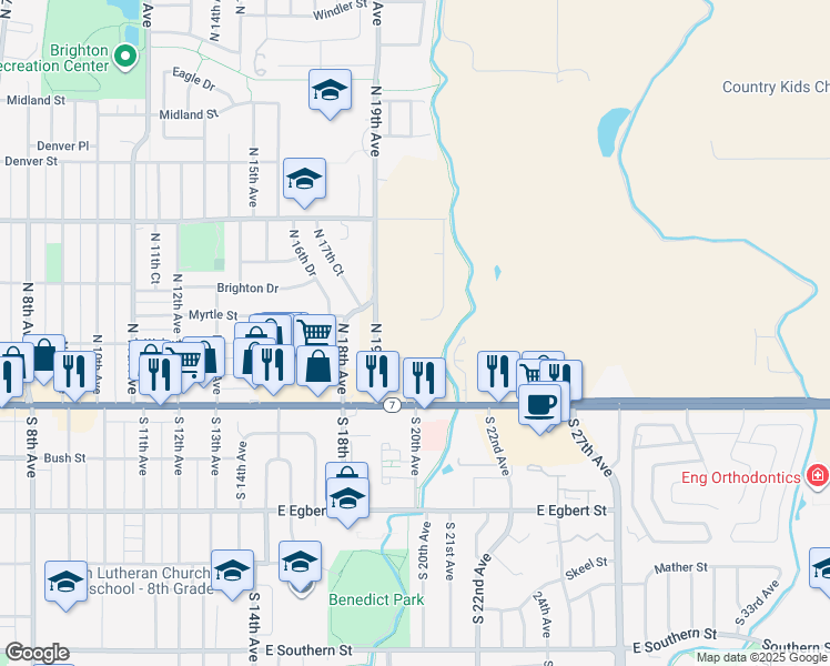 map of restaurants, bars, coffee shops, grocery stores, and more near 200 North 19th Avenue in Brighton