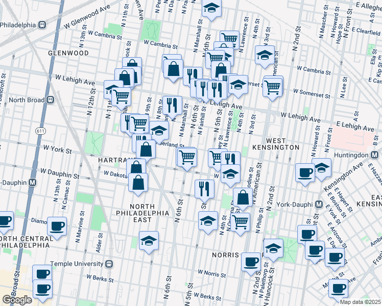 map of restaurants, bars, coffee shops, grocery stores, and more near 2447 North 6th Street in Philadelphia
