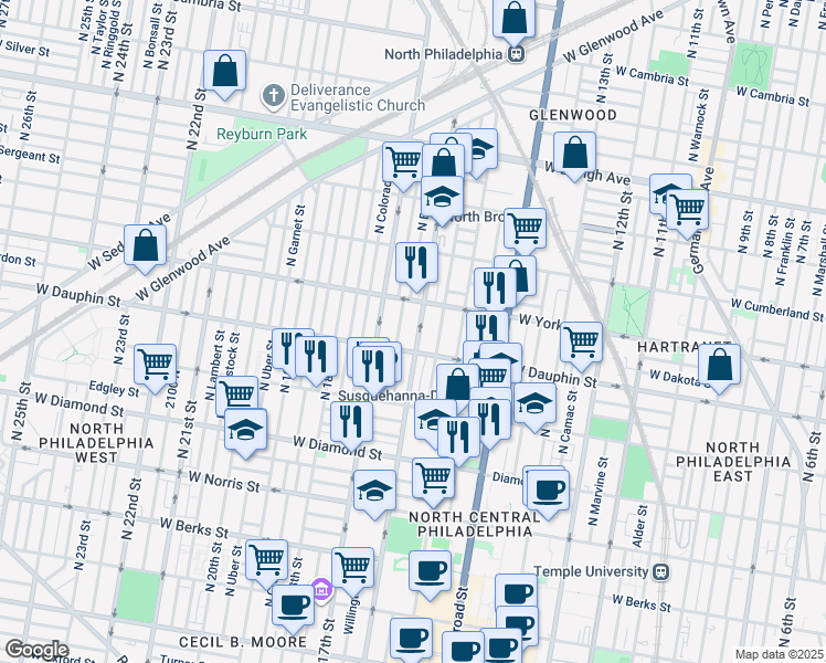 map of restaurants, bars, coffee shops, grocery stores, and more near 2324 North 16th Street in Philadelphia