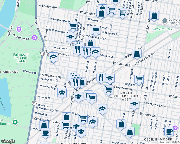 map of restaurants, bars, coffee shops, grocery stores, and more near 2159 North Marston Street in Philadelphia