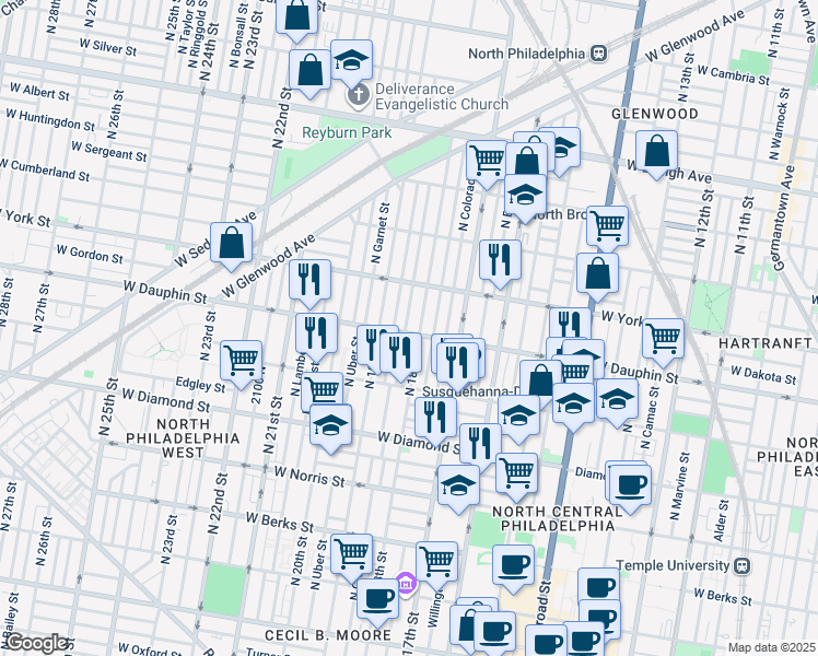 map of restaurants, bars, coffee shops, grocery stores, and more near 2305 North Cleveland Street in Philadelphia
