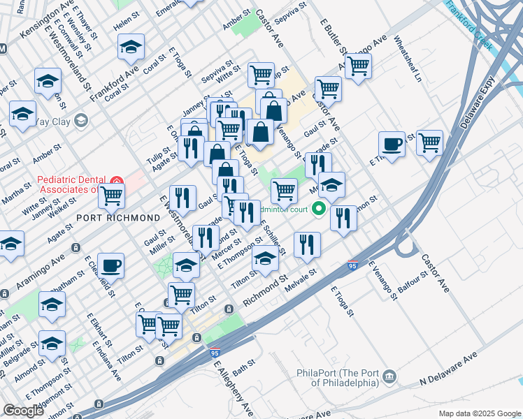 map of restaurants, bars, coffee shops, grocery stores, and more near 2611 East Schiller Street in Philadelphia