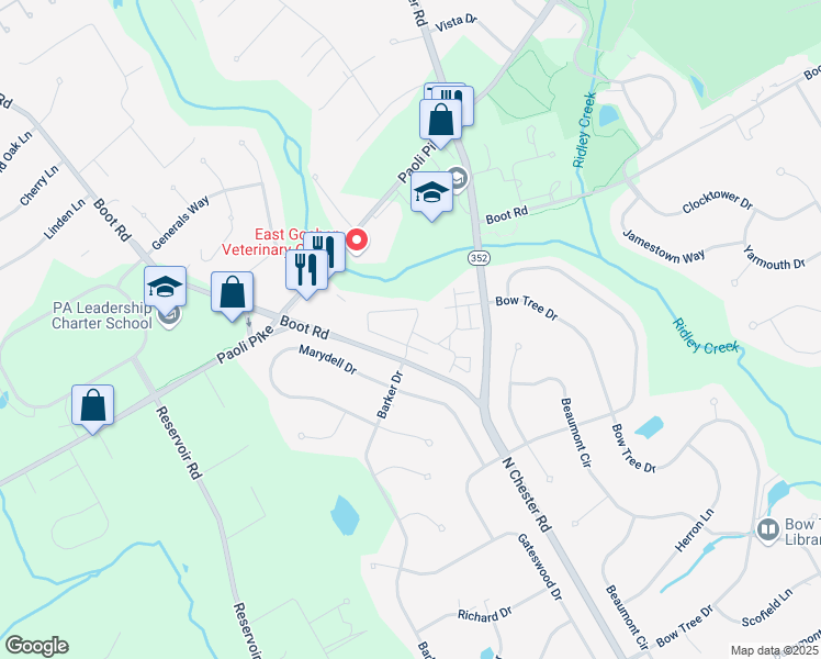 map of restaurants, bars, coffee shops, grocery stores, and more near 300 New Kent Drive in West Chester
