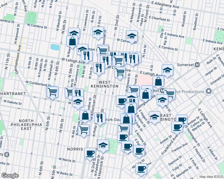 map of restaurants, bars, coffee shops, grocery stores, and more near 2526 North Hancock Street in Philadelphia