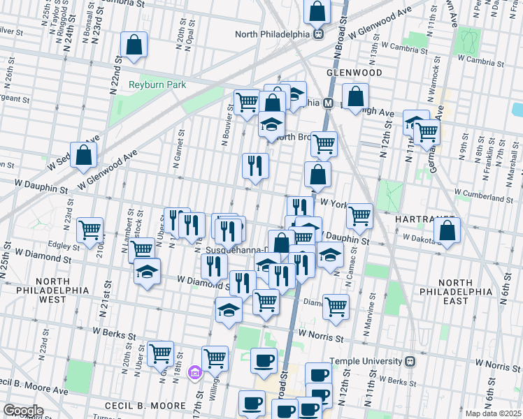 map of restaurants, bars, coffee shops, grocery stores, and more near 1543 West Dauphin Street in Philadelphia