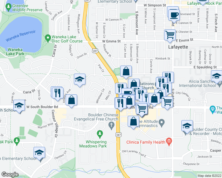 map of restaurants, bars, coffee shops, grocery stores, and more near 948 Milo Circle in Lafayette