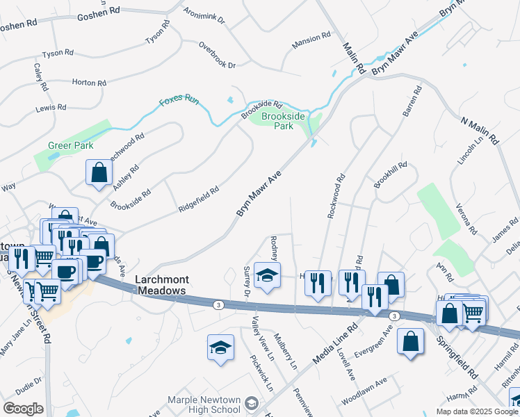 map of restaurants, bars, coffee shops, grocery stores, and more near 125 Bryn Mawr Avenue in Newtown Square