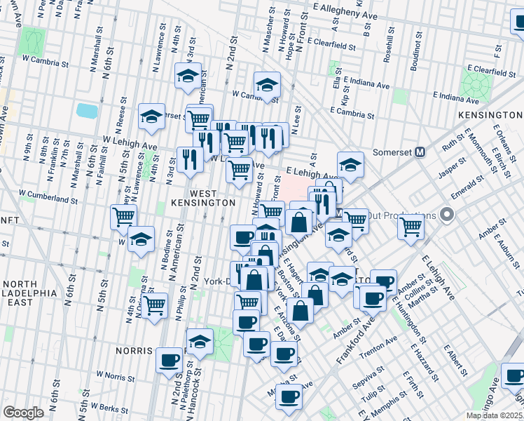 map of restaurants, bars, coffee shops, grocery stores, and more near 2558 Hope Street in Philadelphia