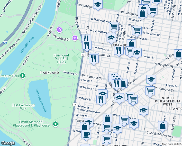 map of restaurants, bars, coffee shops, grocery stores, and more near 2117 North 32nd Street in Philadelphia