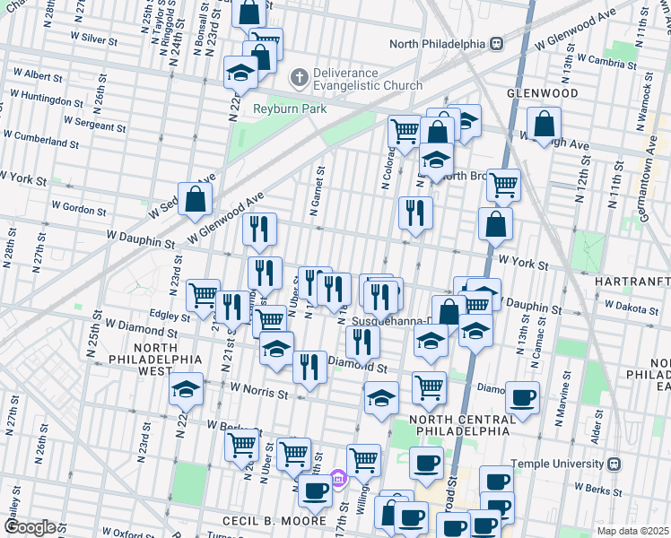 map of restaurants, bars, coffee shops, grocery stores, and more near 2302 North Cleveland Street in Philadelphia