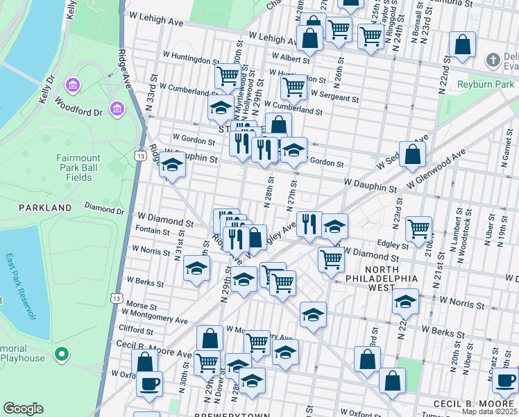 map of restaurants, bars, coffee shops, grocery stores, and more near 2161 North Newkirk Street in Philadelphia