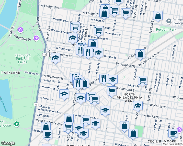 map of restaurants, bars, coffee shops, grocery stores, and more near 2166 North Marston Street in Philadelphia