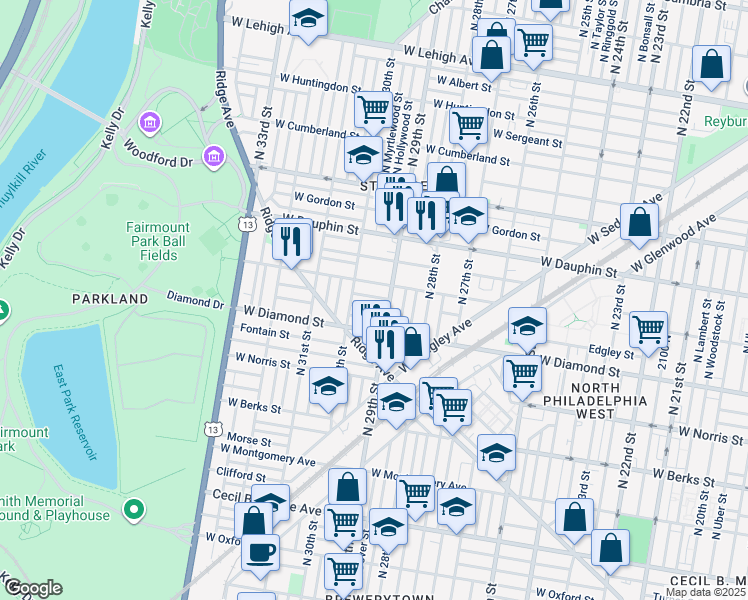 map of restaurants, bars, coffee shops, grocery stores, and more near 2922 French Street in Philadelphia