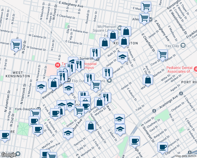 map of restaurants, bars, coffee shops, grocery stores, and more near 2700 Emerald Street in Philadelphia