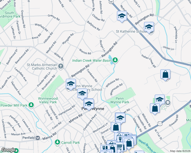 map of restaurants, bars, coffee shops, grocery stores, and more near 256 Tomkenn Road in Wynnewood