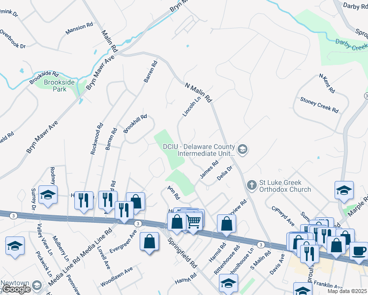 map of restaurants, bars, coffee shops, grocery stores, and more near 3584 Muirwood Drive in Newtown Square
