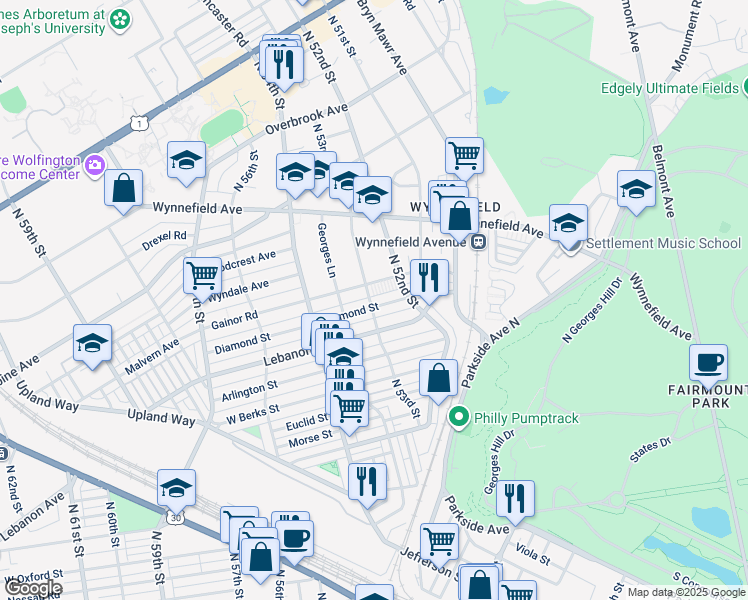 map of restaurants, bars, coffee shops, grocery stores, and more near 5243 Diamond Street in Philadelphia