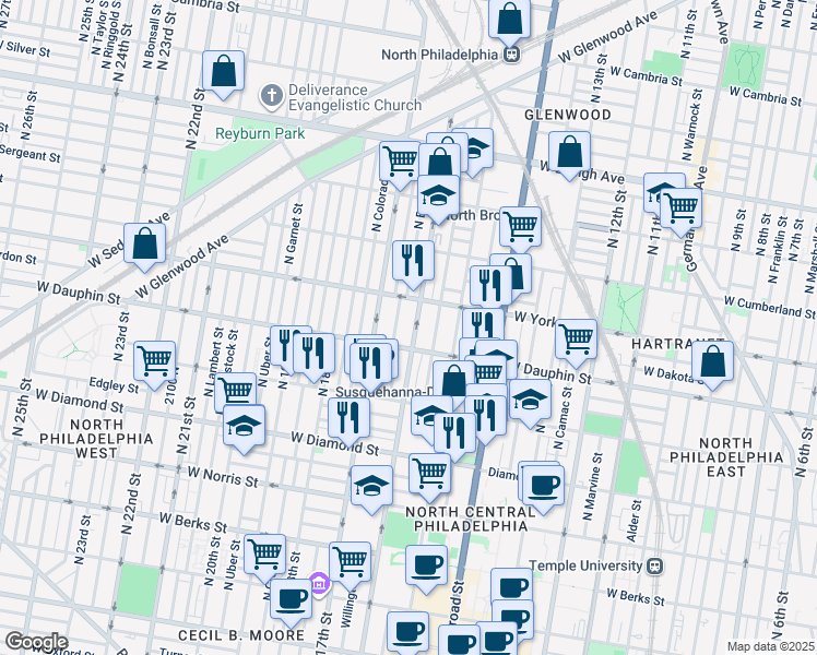 map of restaurants, bars, coffee shops, grocery stores, and more near 2326 North 16th Street in Philadelphia