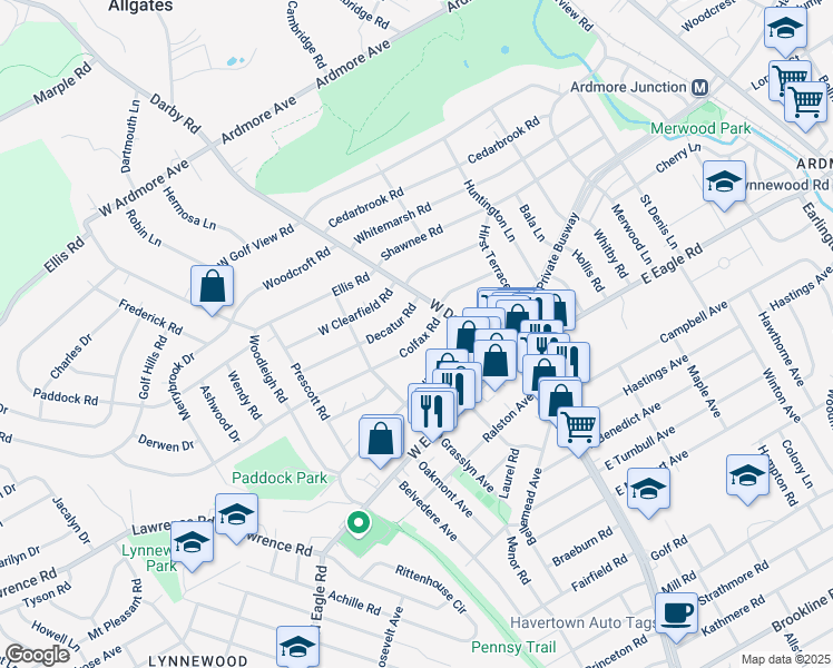 map of restaurants, bars, coffee shops, grocery stores, and more near 18 Colfax Road in Havertown
