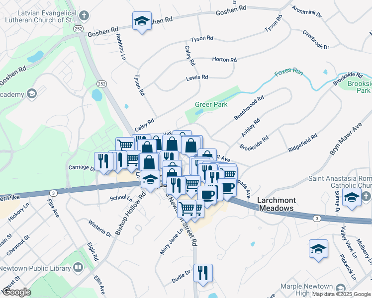 map of restaurants, bars, coffee shops, grocery stores, and more near 3556 Woodcrest Avenue in Newtown Square