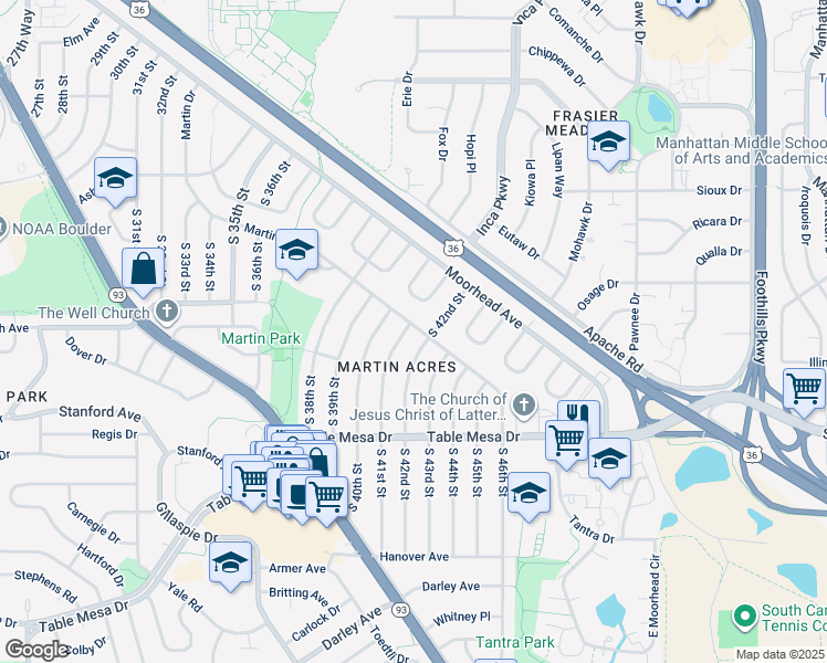 map of restaurants, bars, coffee shops, grocery stores, and more near 310 South 42nd Street in Boulder