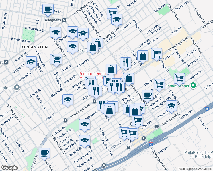 map of restaurants, bars, coffee shops, grocery stores, and more near 2324 East Allegheny Avenue in Philadelphia