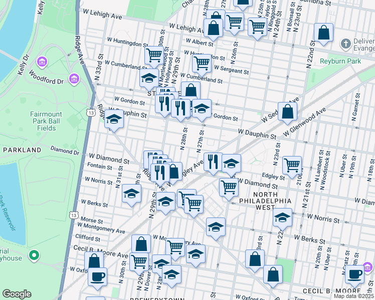 map of restaurants, bars, coffee shops, grocery stores, and more near 2166 North Marston Street in Philadelphia