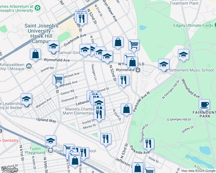 map of restaurants, bars, coffee shops, grocery stores, and more near 5243 Diamond Street in Philadelphia