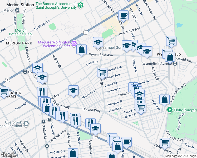 map of restaurants, bars, coffee shops, grocery stores, and more near 5709 Wyndale Avenue in Philadelphia