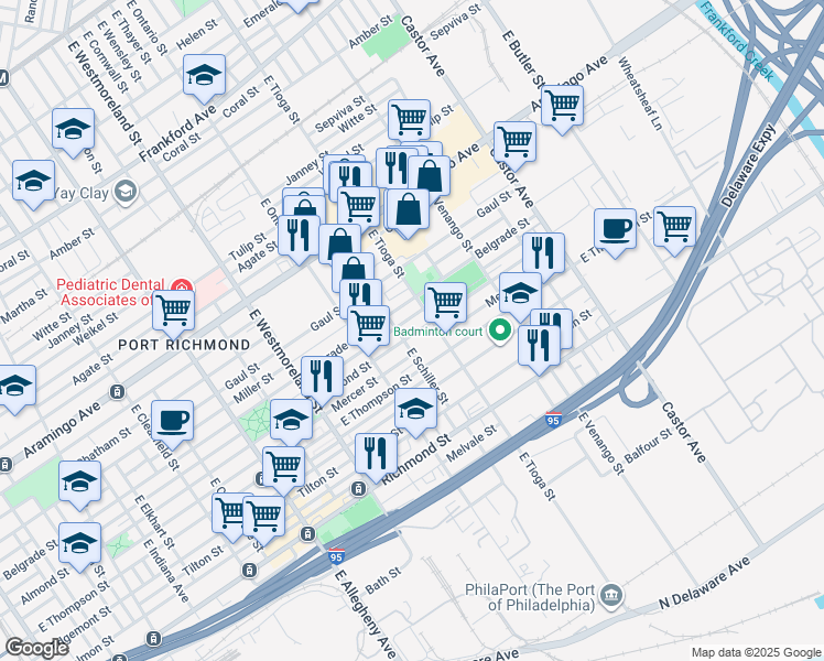 map of restaurants, bars, coffee shops, grocery stores, and more near 2611 East Schiller Street in Philadelphia